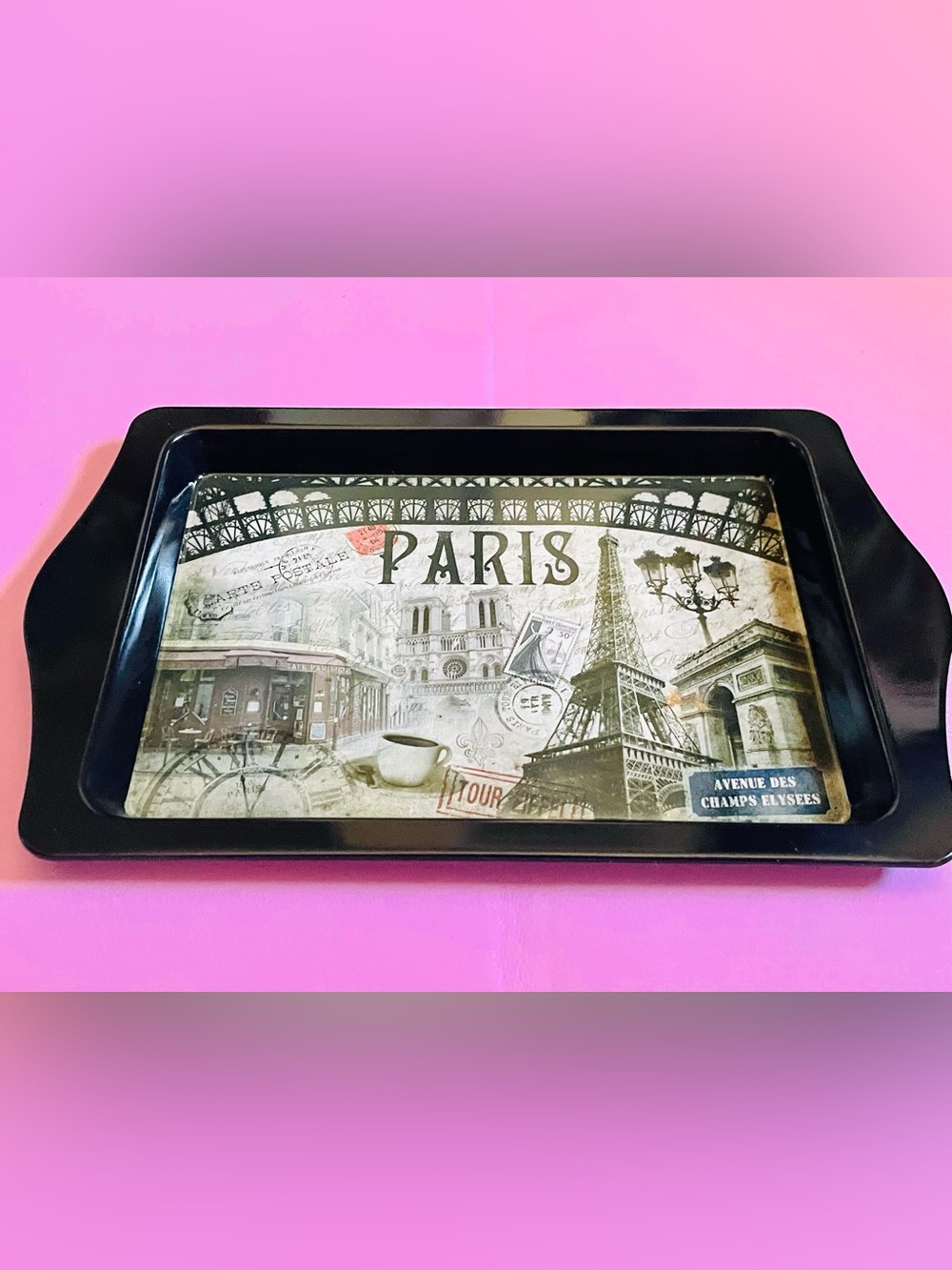 NEW Paris Eiffel Tower Wall Art Print Tray Black Frame, Vintage Collage